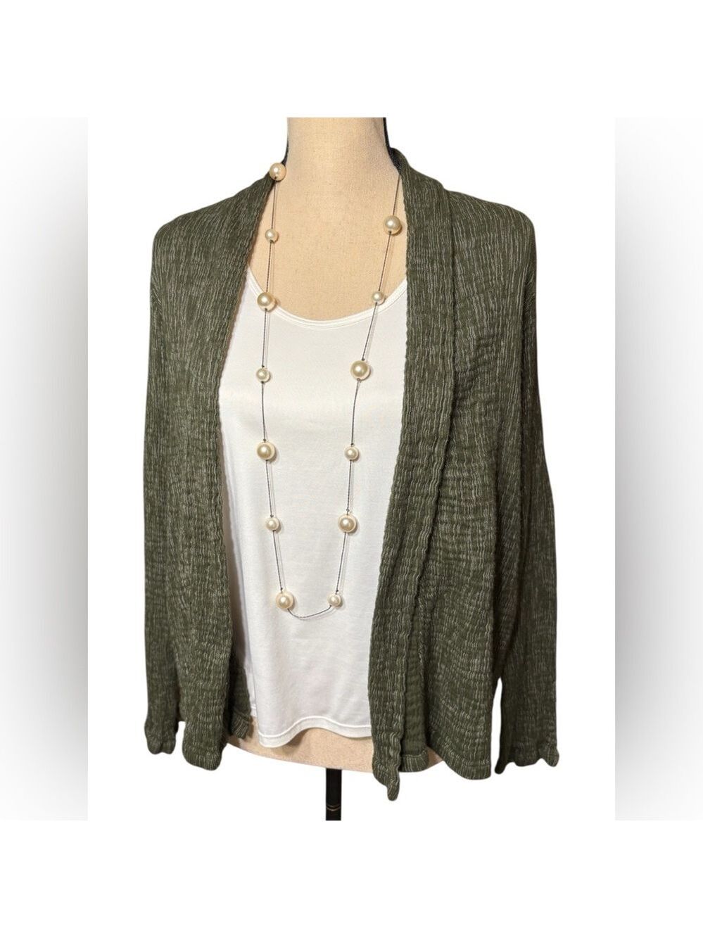 Pure Jill-Medium olive green gauzy/crinkle open front cardigan. 100% cotton. EUC